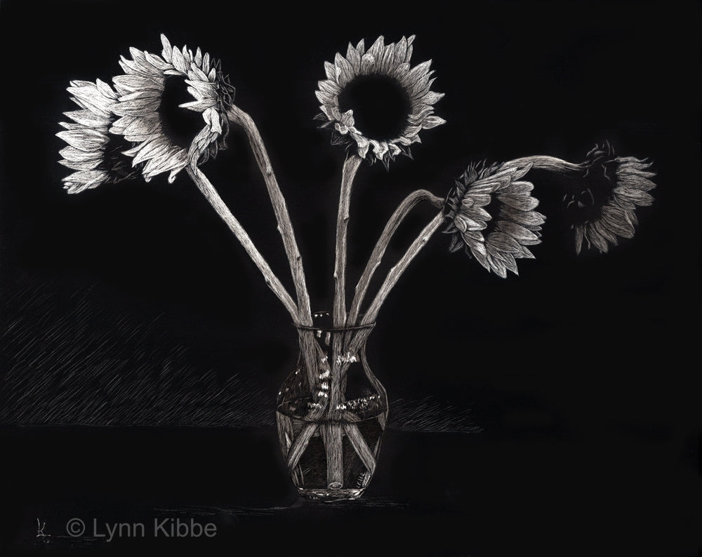 "Moody" (sunflowers), 8x10" original scratchboard