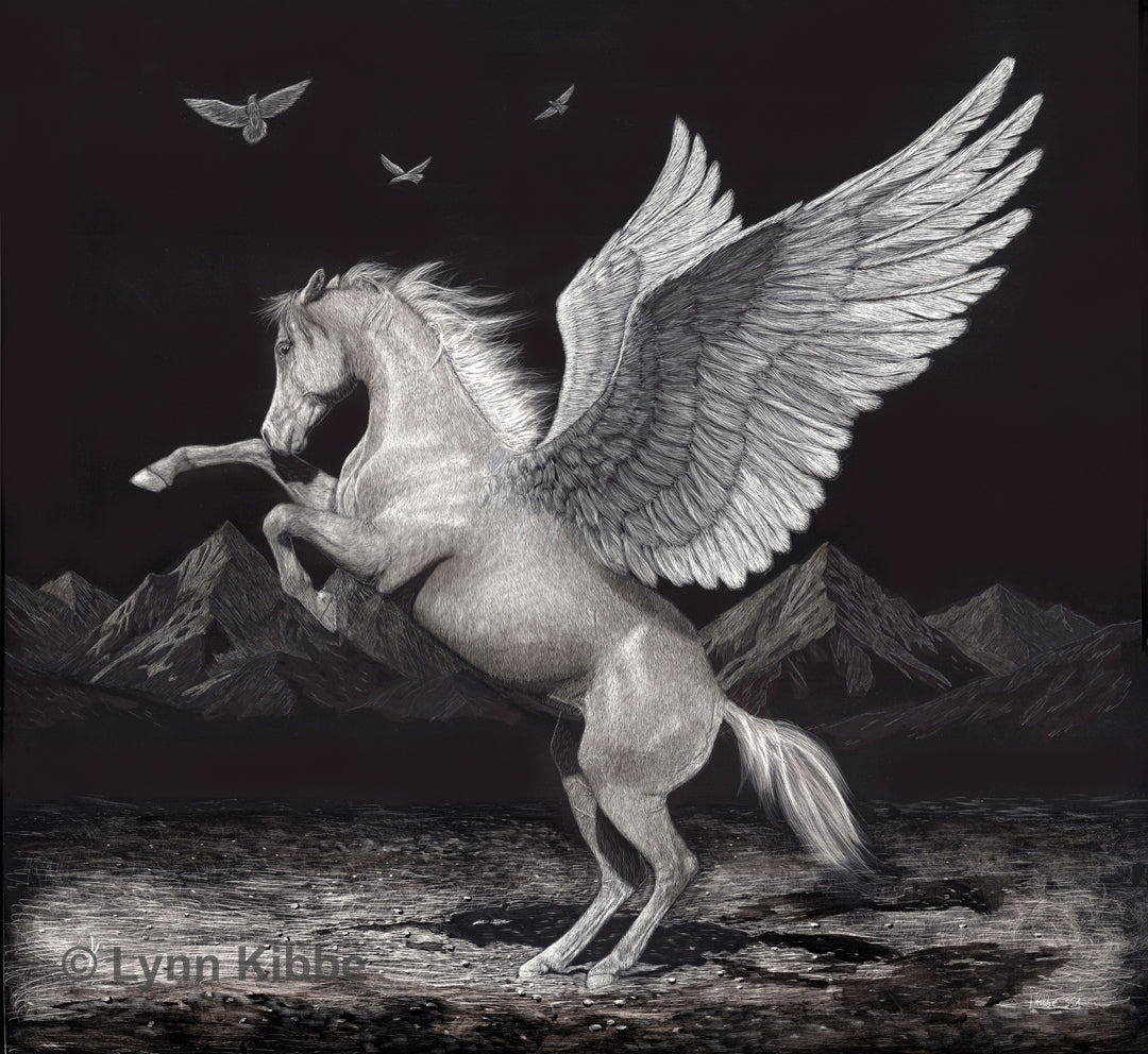 "Myth Rising Among Ordinary Wings" (Pegasus), 15x16" original scratchboard